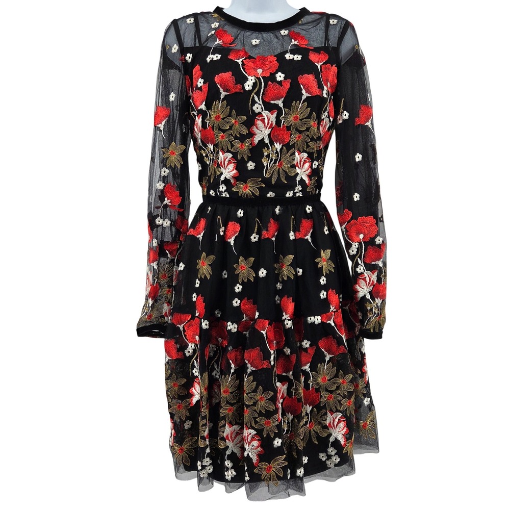 Bronx & Banco Mini Dress M Black Red Floral Embroidered Mesh Whimsigoth Cocktail - Picture 2 of 16
